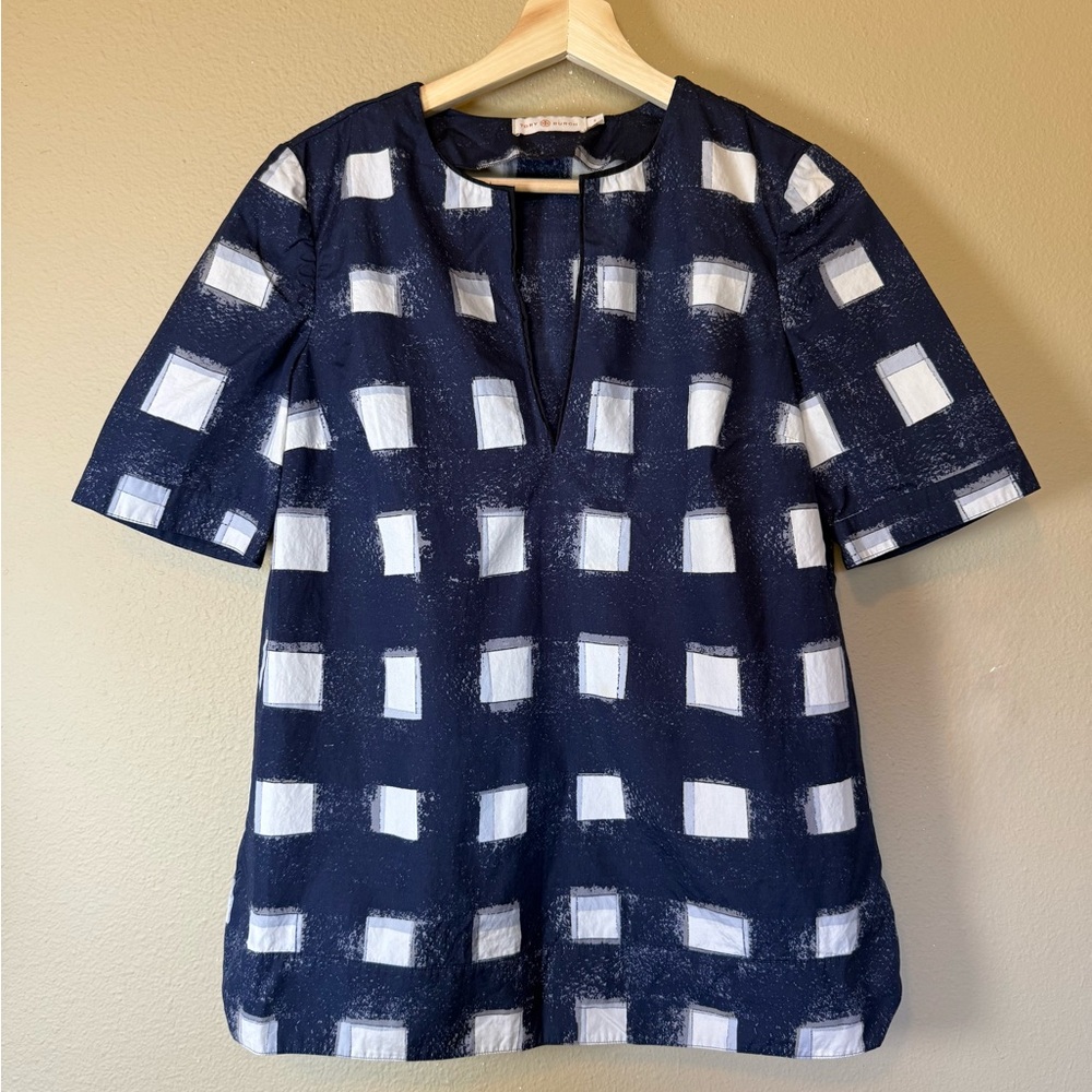 Tory Burch V Neck Checkered Cotton Oversized Antibes Blouse Size 2 - Picture 2 of 8